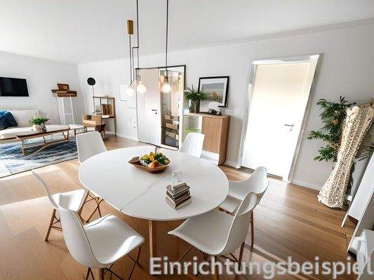 Wohn-Esszimmer Musterhaus (Einrichtungsbeispiel KI)