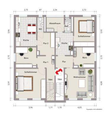 Grundriss Obergeschoss (nicht maßstabsgerecht, Möblierungsbeispiel)