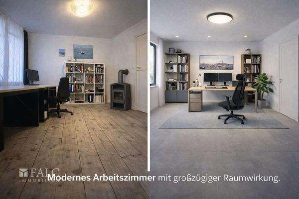 Traditionelles und modernes Arbeitszimmer vergleichen