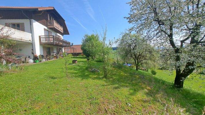 Außenansicht Garten mit Balkonen und Terrasse