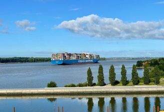 Elbe, Wedeler Stadthafen mit Containerschiff
