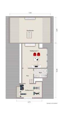 Grundriss Dachgeschoss (nicht maßstabsgerecht, Möblierungsbeispiel)