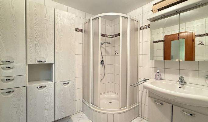 Badezimmer mit Dusche,Schränken