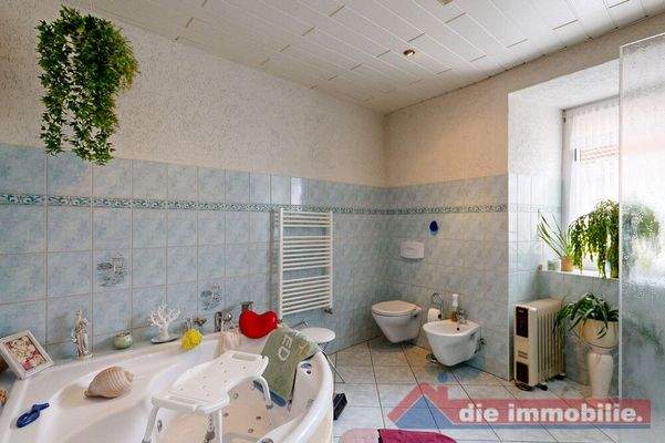 Großzügiges Badezimmer im Erdgeschoss mit Dusche und Whirlpool-Badewanne