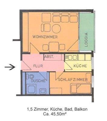 Grundriss mit Wohnzimmer, Schlafzimmer, Küche, Bad und Loggia