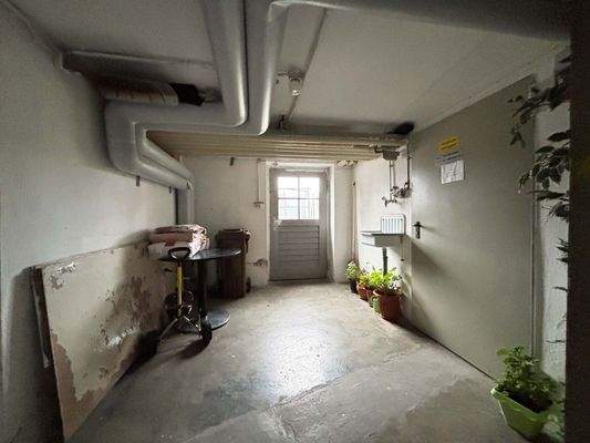 Die gemeinschaftliche Waschküche wird derzeit von den Bewohnern als praktischer Platz zum Überwintern von Pflanzen und zur Lagerung genutzt