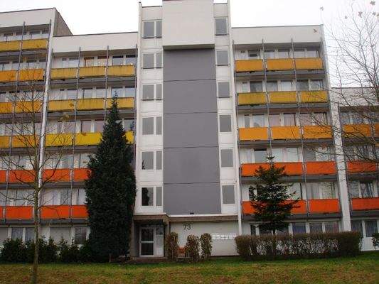 Vorderansicht eines 6 geschossigen Wohnhauses mit Eingang und Bepflanzung