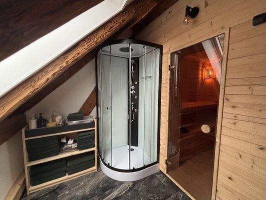 Sauna mit Dusche im Dachgeschoss