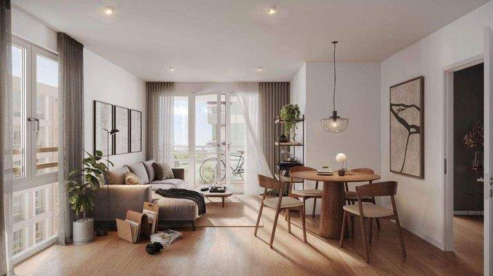 Innenansicht durchs Wohnzimmer zum Balkon