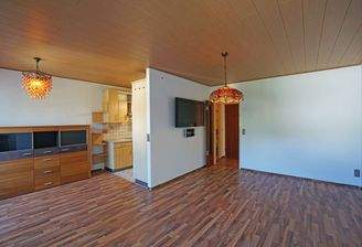 Wohnzimmer mit offener Küche und Schwedenofen