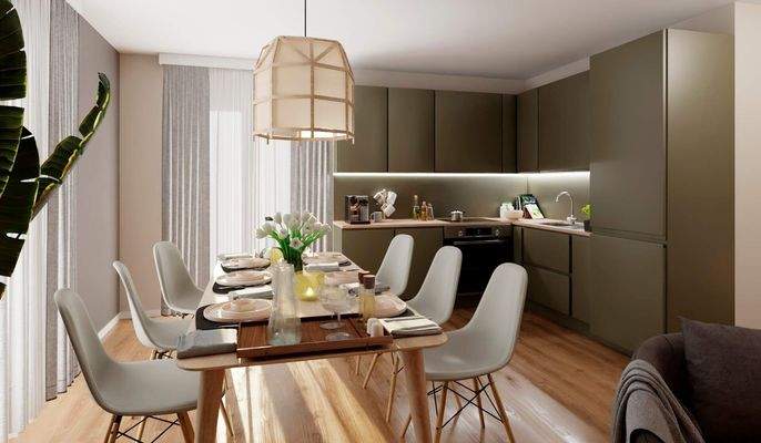 Die offene Küche als Mittelpunkt mit direktem Zuga