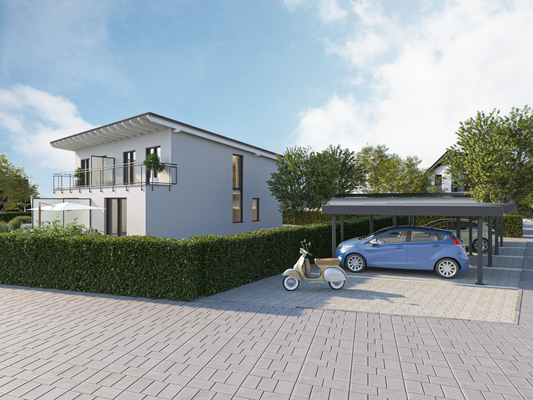 Hausansicht mit Carport