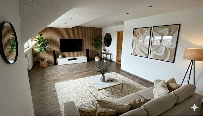 Ihr helles Familienglück: So könnte Ihr Wohnzimmer aussehen.

Diese Ansicht wurde zur besseren Visualisierung des Raumkonzeptes mittels KI möbliert. Die abgebildeten Möbelstücke sind nicht im Kaufpreis enthalten.