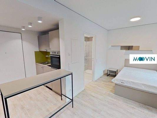 Ansicht IV: Wohn- und Schlafzimmer mit offenem Küchenbereich