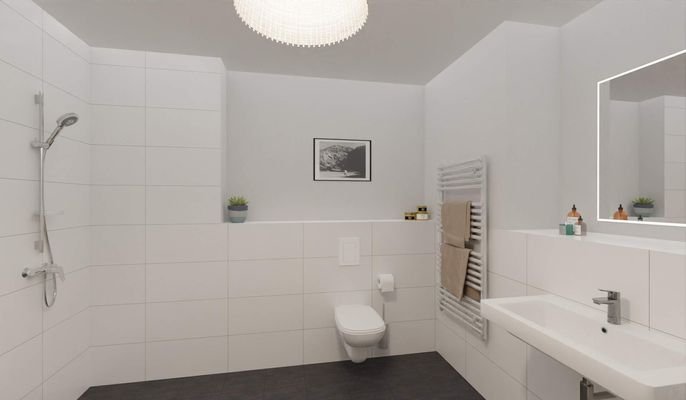 Modern gefliestes Bad mit bodengleicher Dusche