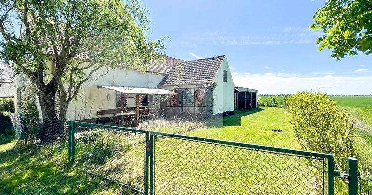 Seitenansicht mit Terrasse und Wiese