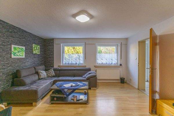 Wohnzimmer mit halb offener Küche und Tresen