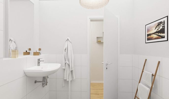 Modern gefliestes Badezimmer mit Badewanne