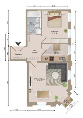 Grundriss - 2 Raum mit Balkon 67,00m²