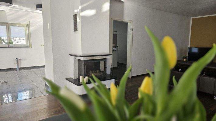 Blick vom Esstisch zum Kamin