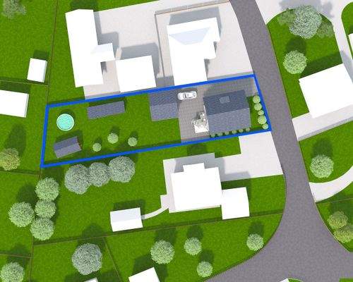 3D-Lageplan des Grundstücks mit allen Gebäuden
