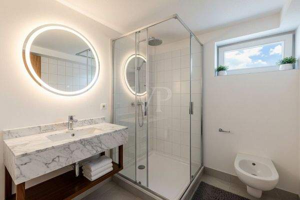 Badezimmer mit Tageslicht und Dusche im Untergeschoss-Visualisiert