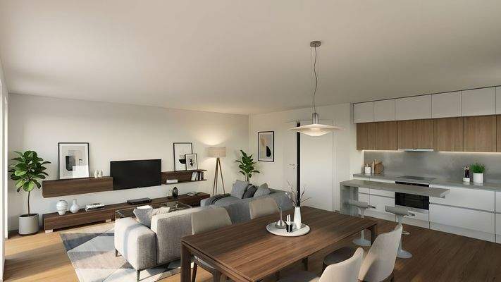 Helles Wohnzimmer mit offener Küche, Holztisch und gemütlicher Atmosphäre