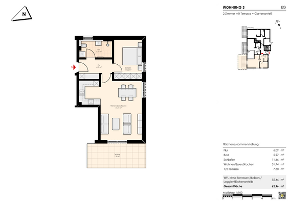 2-Zimmerwohnung mit Terrasse und Garten