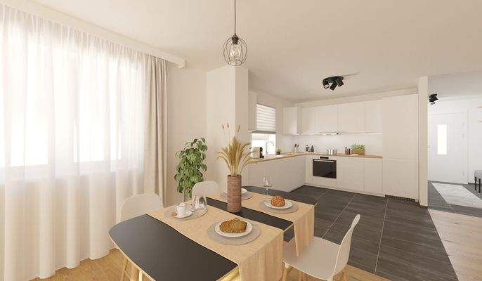 Die offene Wohnküche lädt zum gemeinsamen Kochen e