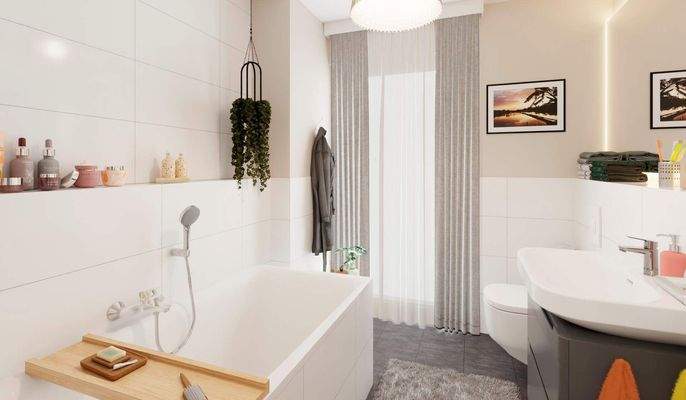 Ein modern gefliestes Badezimmer