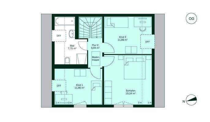 Grundriss vom Obergeschoss im Doppelhaus WE020