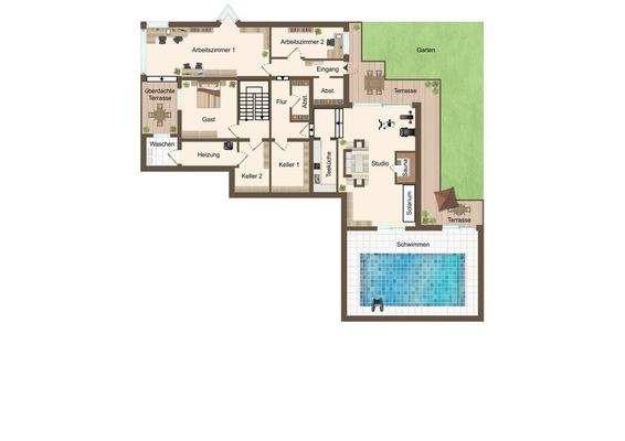 Untergeschoss mit Büro, Fitness, Pool