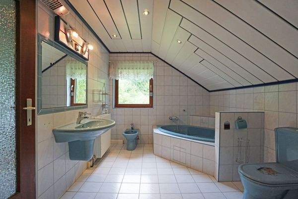 Familienbad mit Wanne, Dusche, WC, Bidet, Waschbecken und Waschmaschinenanschluss