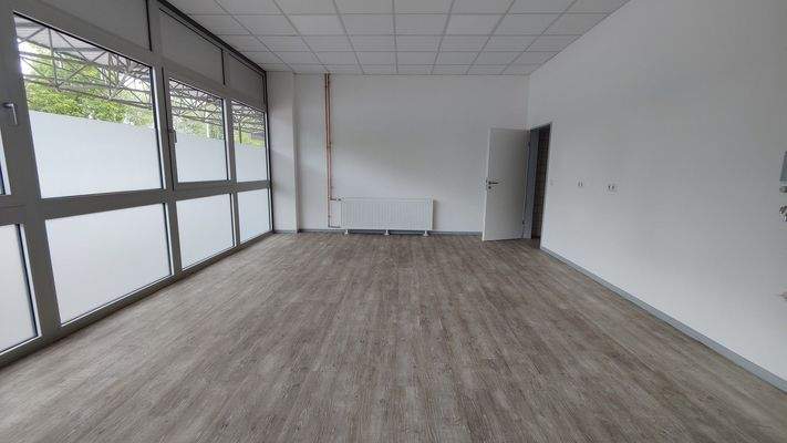 Leerer Raum mit großer Fensterfront, Milchglas im unteren Bereich, weißer Wand mit Heizkörper und offen stehender Tür.