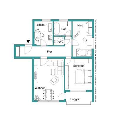 Grundriss der 3-Zimmer-Wohnung mit Wohnzimmer, 2 Schlafzimmern, Küche, Bad, Flur und Balkon