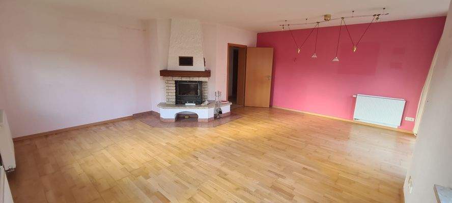Wohnzimmer mit Blick auf KAmin und FLur