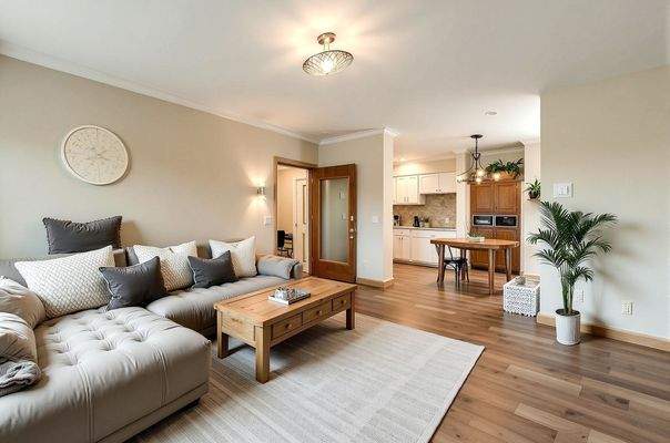 Visualisierung eines Wohnzimmers mit offener Küche