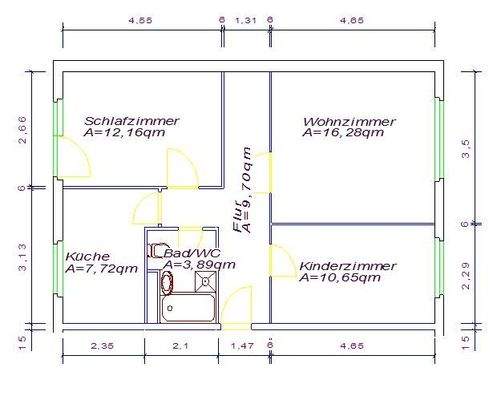 Die Aufteilung von ca. 60 m²