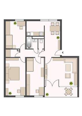 Grundriss, 4 Schlafzimmer, Abstellraum, Wohnzimmer mit Balkon, Bad und separate Toilette, Küche mit Essbereich. Alle Räume sind vom Flur aus begehbar