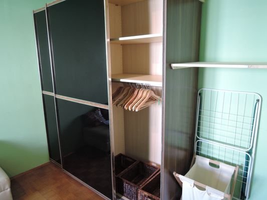 The spacious double closet in the bedroom, foldout drying rack, vacuum cleaner