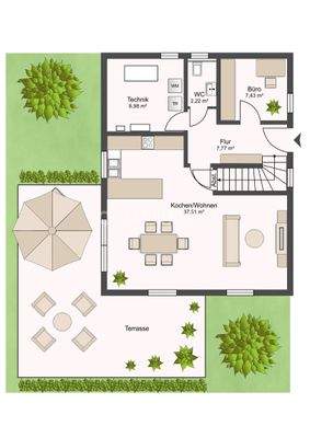 Grundriss mit Terrassenansicht vom Erdgeschoss