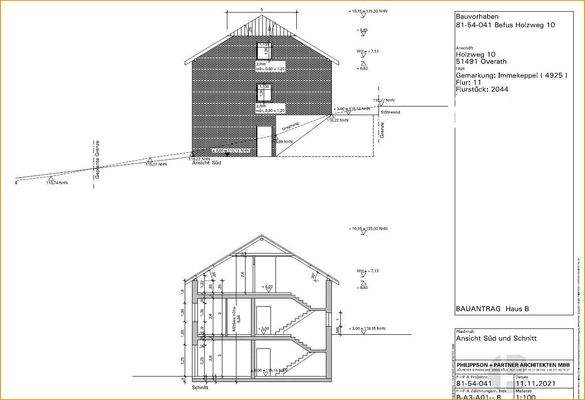 Ansicht Süd und Schnitt