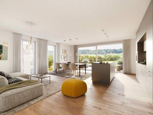Modern eingerichtetes Wohnzimmer mit offener Küche, Essbereich und grosszügiger Fensterfront mit Blick ins Grüne.