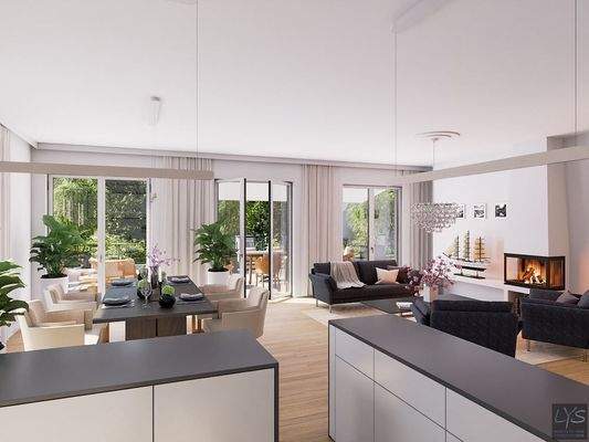 Blick in das  Wohn-Esszimmer und auf die Terrasse