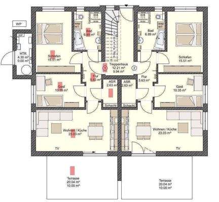 Grundriss Whg.1, EGre rot markiert 