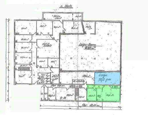 Grundriss: Büro = grün - Hand-Lager = blau