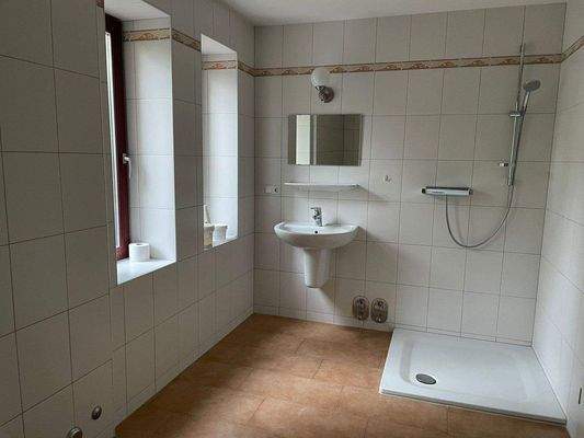 Bad mit Dusche, Waschbecken und WC