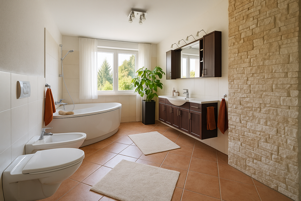 Helles Badezimmer mit modernen Akzenten (Musterbild) Hinweis: Zur Wahrung der Privatsphäre wurden die Originalbilder KI-basiert verfremdet. Die gezeigten Vergleichsmusterbilder dienen ausschließlich der optischen Orientierung