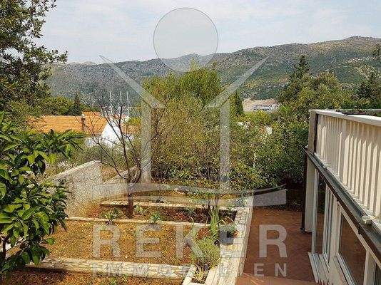 Im Vordergrund der mediterrane Garten und im Hintergrund das tiefblaue Meer von Dubrovnik.