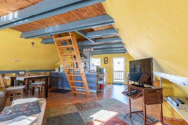 Wohnbereich mit Küchenzeile und Schlafbereich im Spitz.jpg